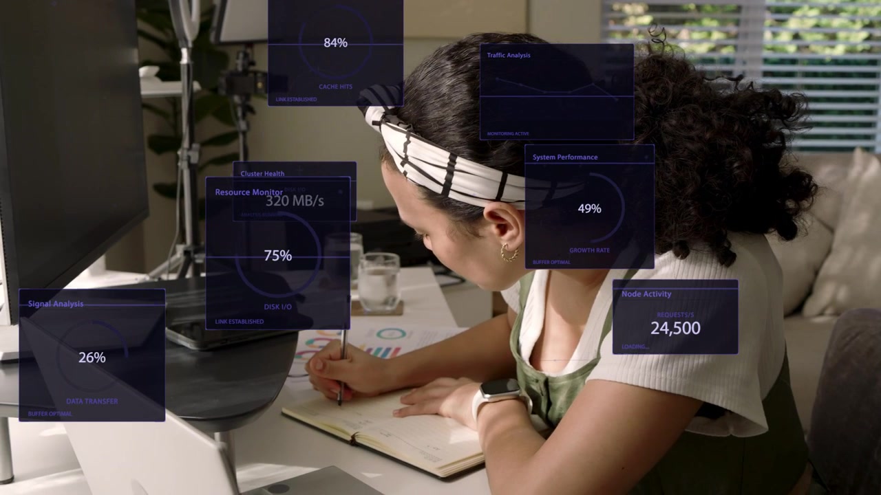 Woman analyst scanning docs and checking charts for reporting, causing HUD panels and writing notes