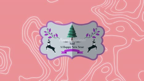 Animation-of-happy-christmas-text-over-moving-lines-on-pink-background