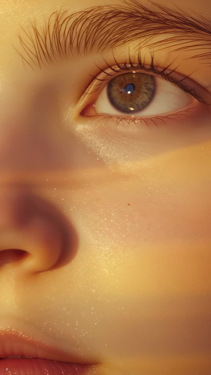 Vertical video: Blinking adult female shifting gaze upward in tight close-up, with warm golden glow