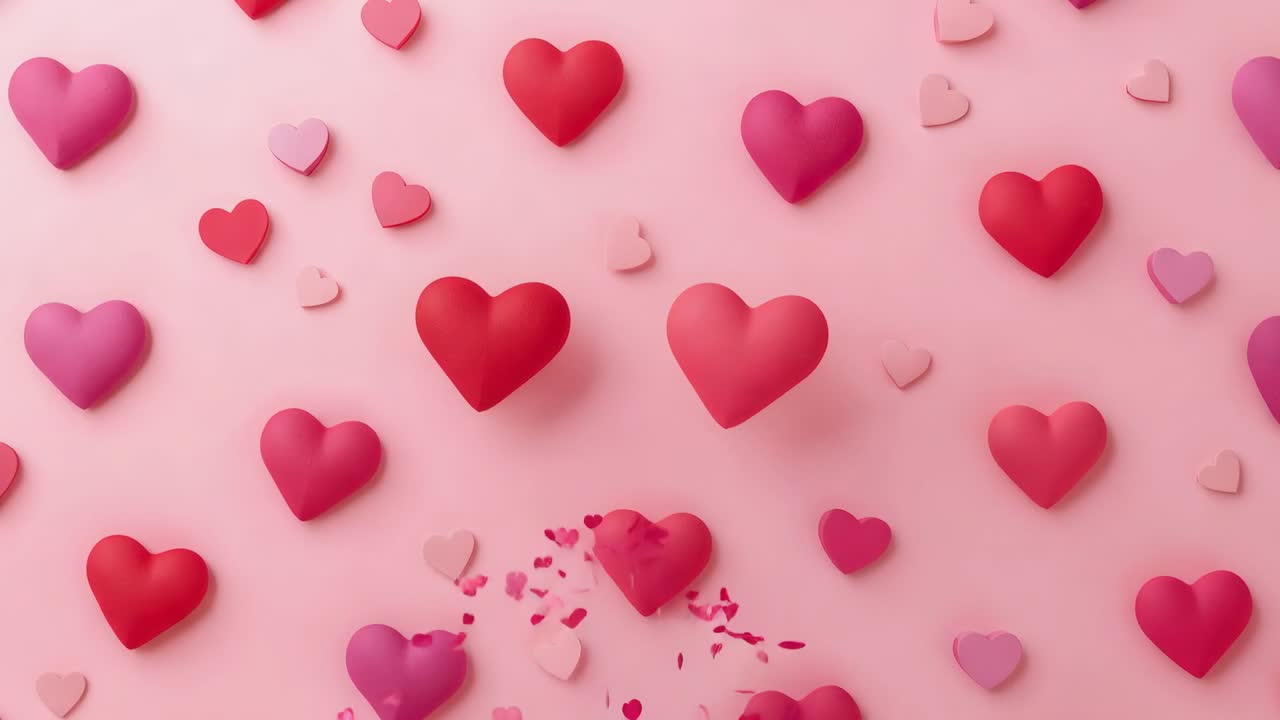 Rilascio di coriandoli, due grandi cuori che si agitano, ruotando su una scena rosa pallido con bagliori per il primo piano