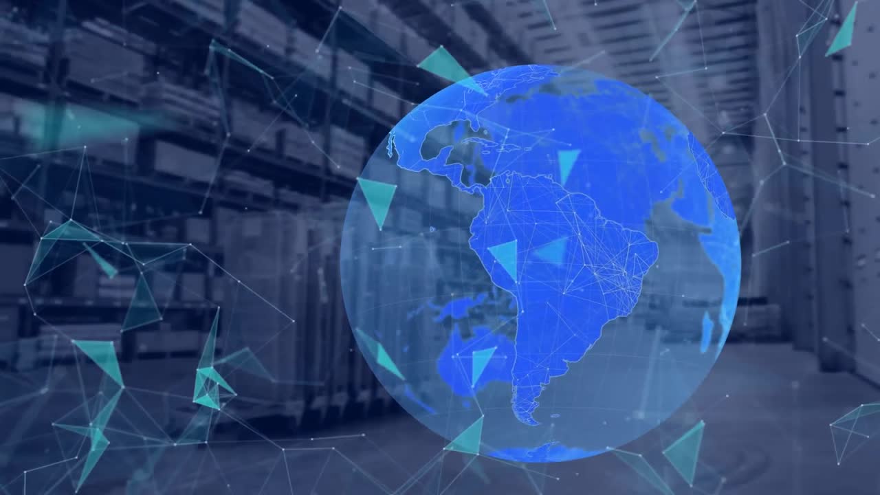 연결 네트워크의 애니메이션과 창고 위에 회전하는 지구