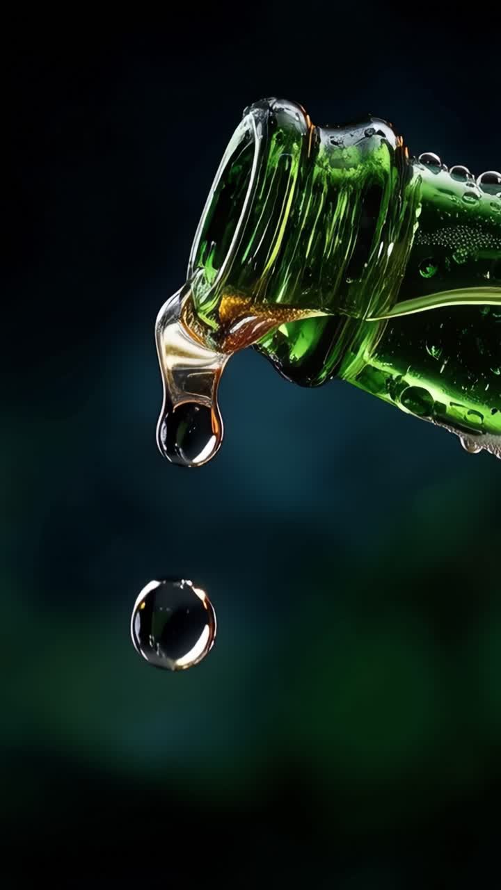Sinfonia Visiva di Movimento Liquido: Movimenti e Gocce Accattivanti da una Bottiglia Verde Scintillante su uno Sfondo Misterioso di Profondità e Colore.