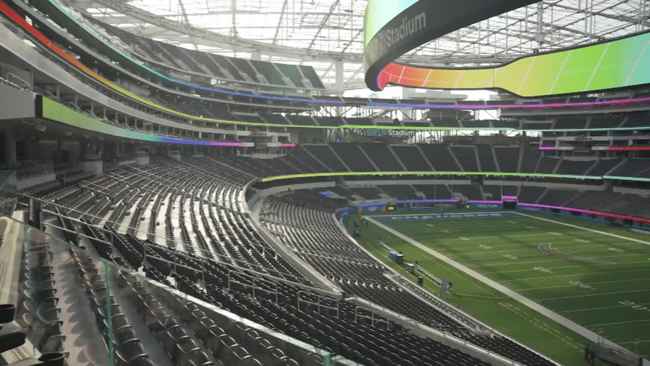 Panning Inside SoFi Stadium, home of the Los Angeles Rams and Chargers. NFL stadium located in Inglewood, California.