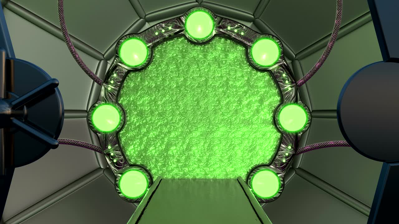 железный люк открывает панорамный вид на пейзажную сцену космического корабля. 3d абстрактный фон научно-фантастического коридора с порталом. футуристическая технология абстрактная vj для технических названий и фона.