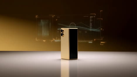 golden smartphone with futuristic holographic interface