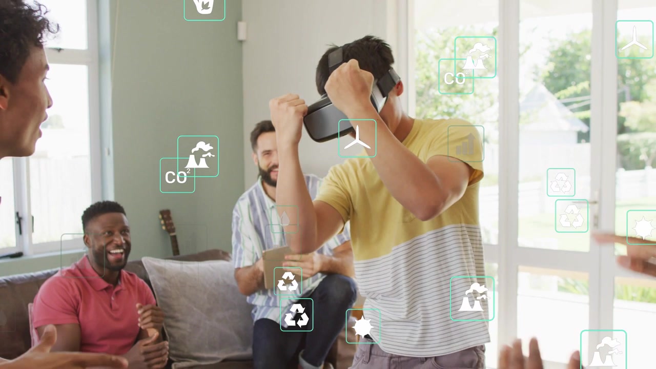 Man putting on VR headset at home, initiating HUD showing CO2 graphs, friends laughing