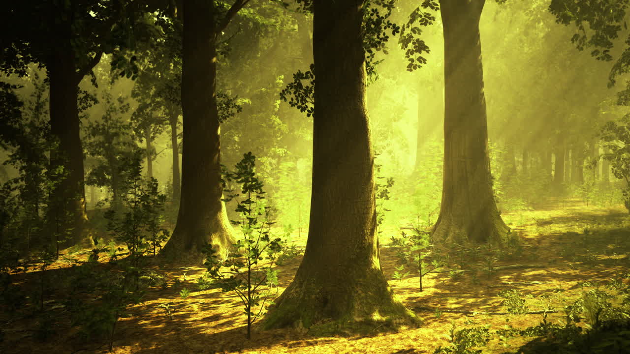 Sunlight filters through trees in a vibrant forest during early morning