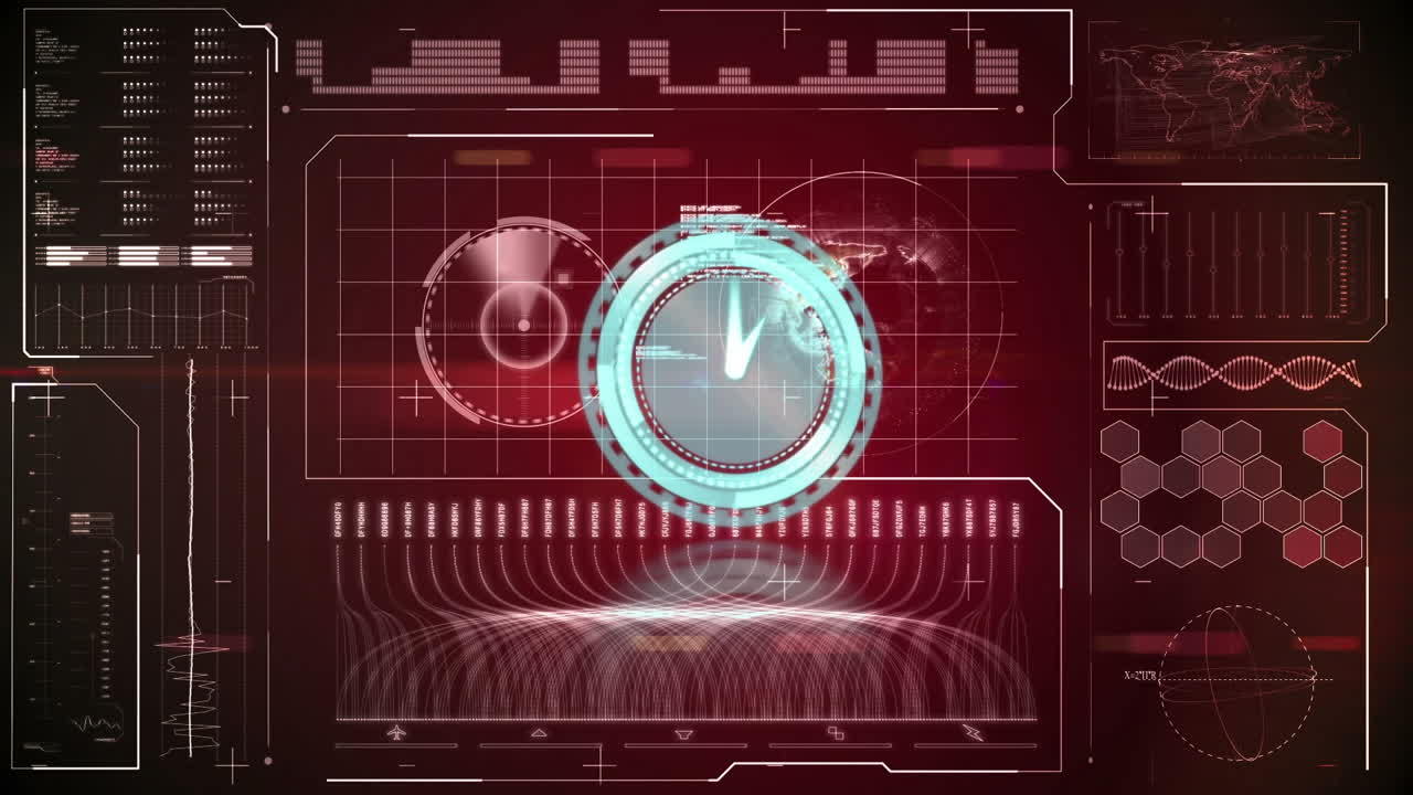Animation of scope scanning with clock over data processing on red background