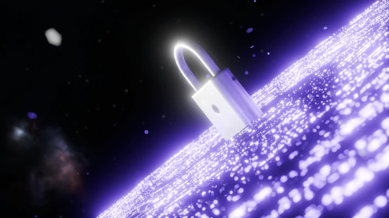 Metal padlock standing on glowing purple digital surface in dark space. Cyber security and data protection concept. Design for poster, banner, wallpaper, header