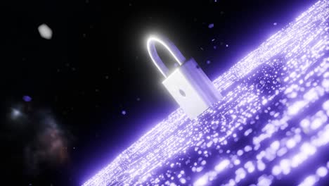 metal padlock standing on glowing purple digital surface in dark space. cyber security and data protection concept. design for poster, banner, wallpaper, header