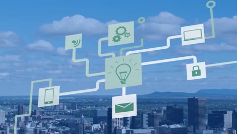 animation of network of digital icons against aerial view of cityscape