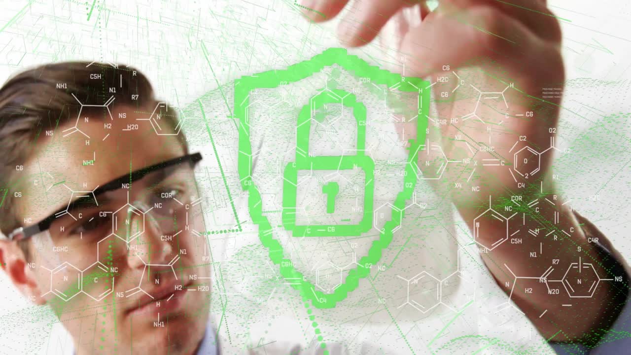 Científico investigador levantando el dedo, trazando un escudo verde y un candado, asegurando datos con fórmulas.
