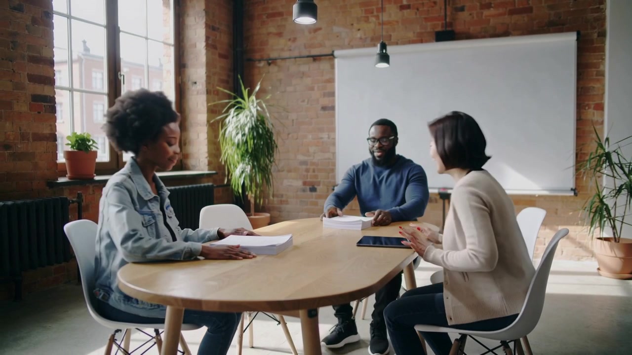 Walking in, three colleagues in casual attire placing papers, tablet in loft room