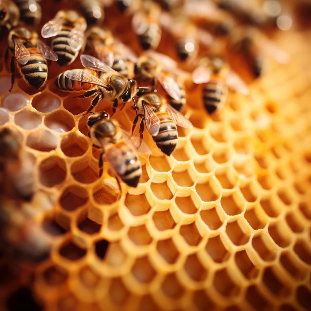 Video ravvicinato di api su un favo, che cattura dettagli e texture intricati dall'alto