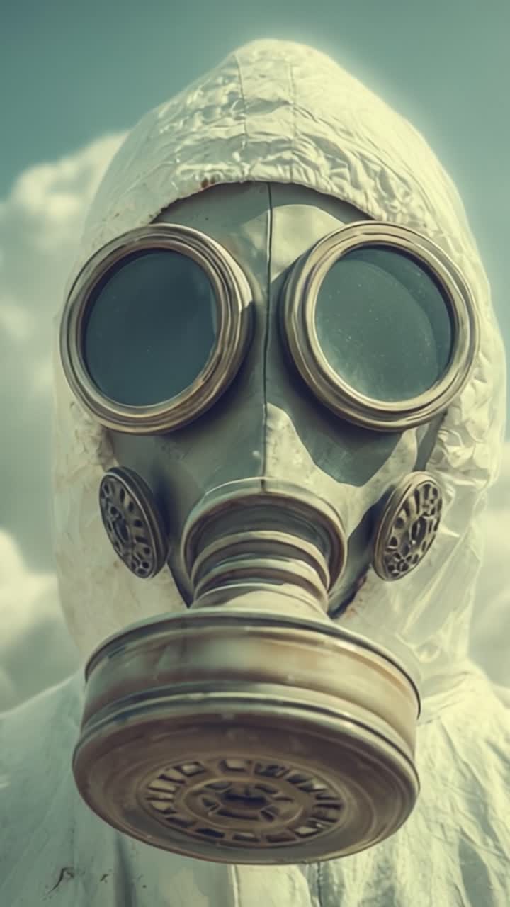Una Figura Inquietante in Tuta Protettiva e Maschera Antigas, in Piedi su uno Sfondo di Nuvole Soffici, Evoca Sentimenti di Isolamento e Preoccupazione per la Sicurezza Ambientale