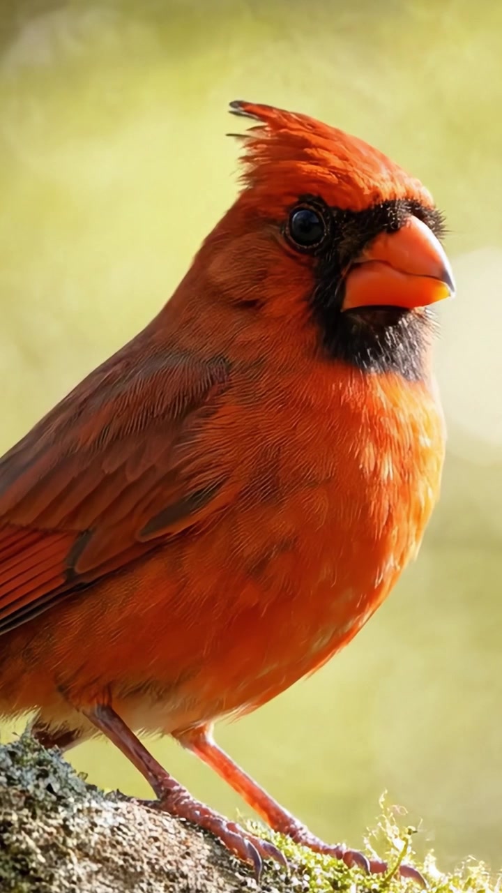 Un ritratto mozzafiato di un vivace uccello cardinale che mostra il suo brillante piumaggio rosso su uno sfondo verde tenue, con luce naturale.