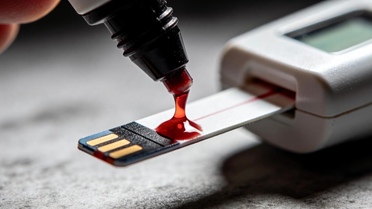 Applying lancet releasing blood onto glucose test strip on countertop, measuring glucose with meter