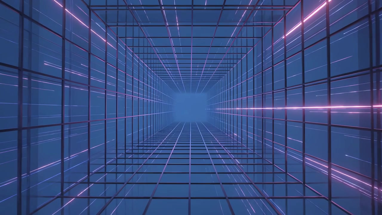 Pushing viewpoint, wire grid moving through lattice, with purple neon, blue haze showing illusion