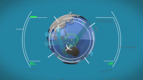 animación de glitch sobre el visor sobre el globo con aviones en fondo azul