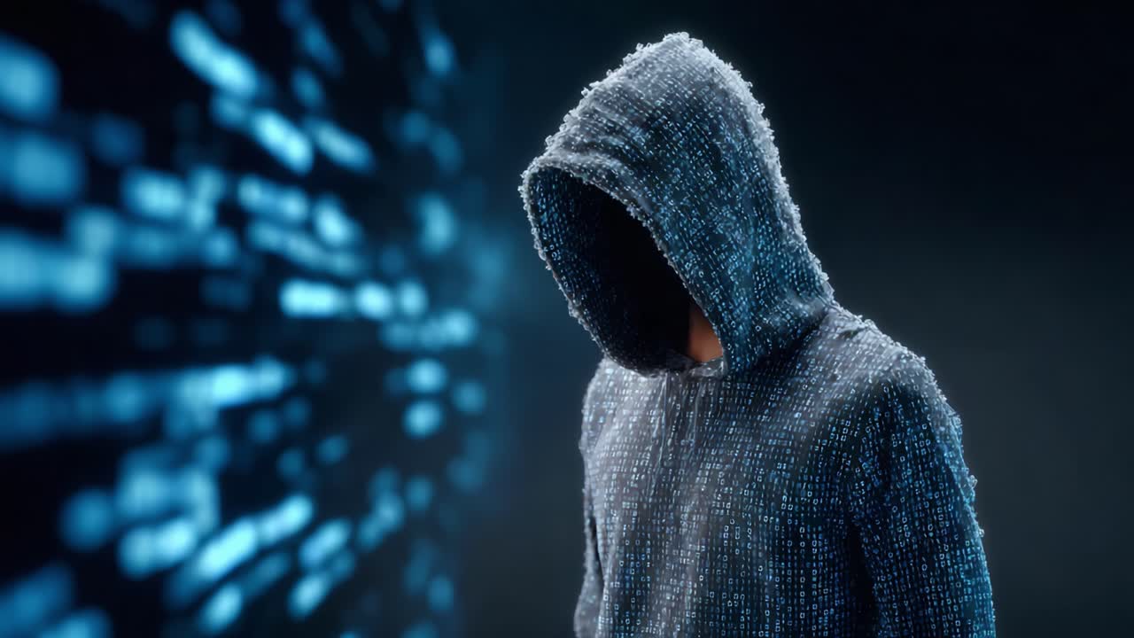 A Mysterious Figure in a Binary-Coded Hooded Sweater, Surrounded by Streams of Digital Data, Representing Concepts of Technology and Cybersecurity
