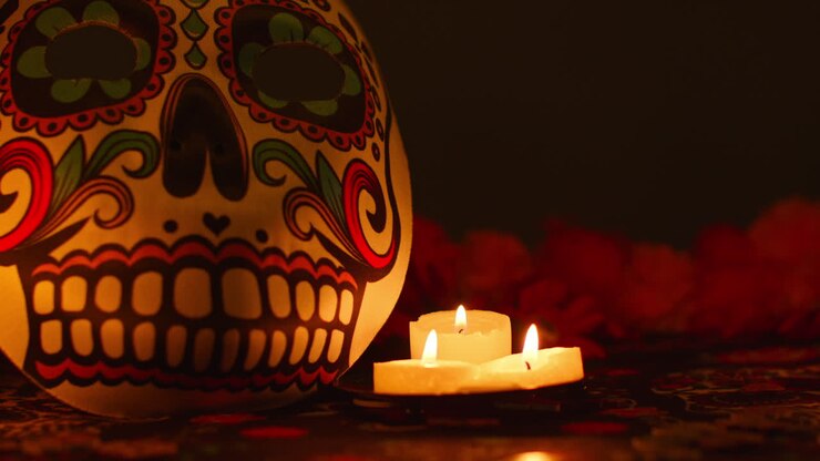 Still Life Of Decorated Skull Mask Surrounded By Candles And Flowers Celebrating Mexican Holiday Of Dia De Muertos Or Day Of The Dead Against Dark Background 1