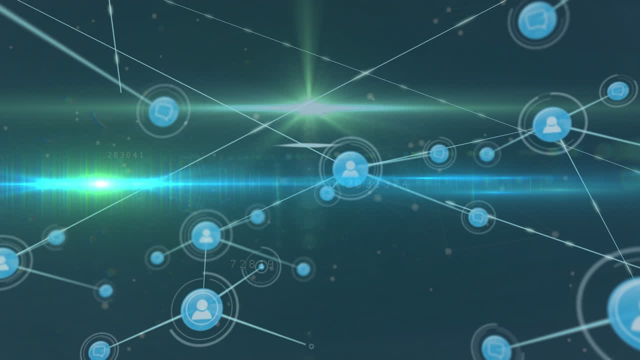 animación de una red de iconos digitales y senderos de luz brillante y punto de luz sobre fondo azul.