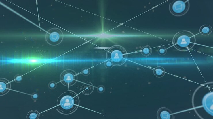 Animation of network of digital icons and glowing light trails and light spot on blue background