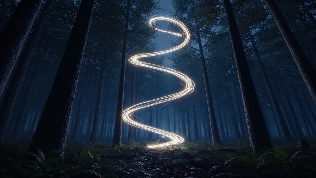 Mystical Spiral Light in Enchanted Forest at Night Captivates with Its Whimsical Glow and Ethereal Beauty, Creating a Dreamlike Atmosphere Surrounded by Tall Trees