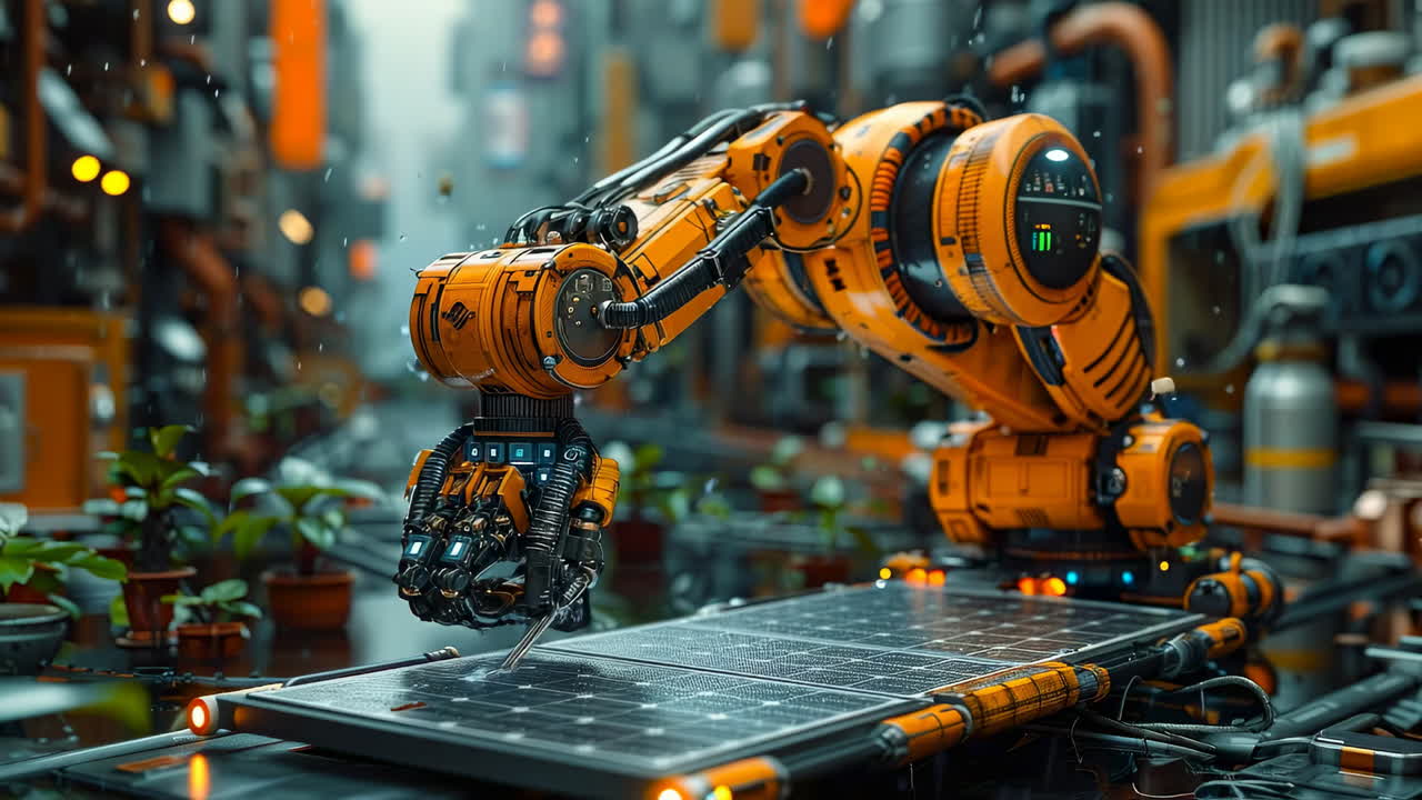 Robot hand fixes solar panels. A robotic hand is adjusting solar panels on a rooftop in a futuristic city environment during the day