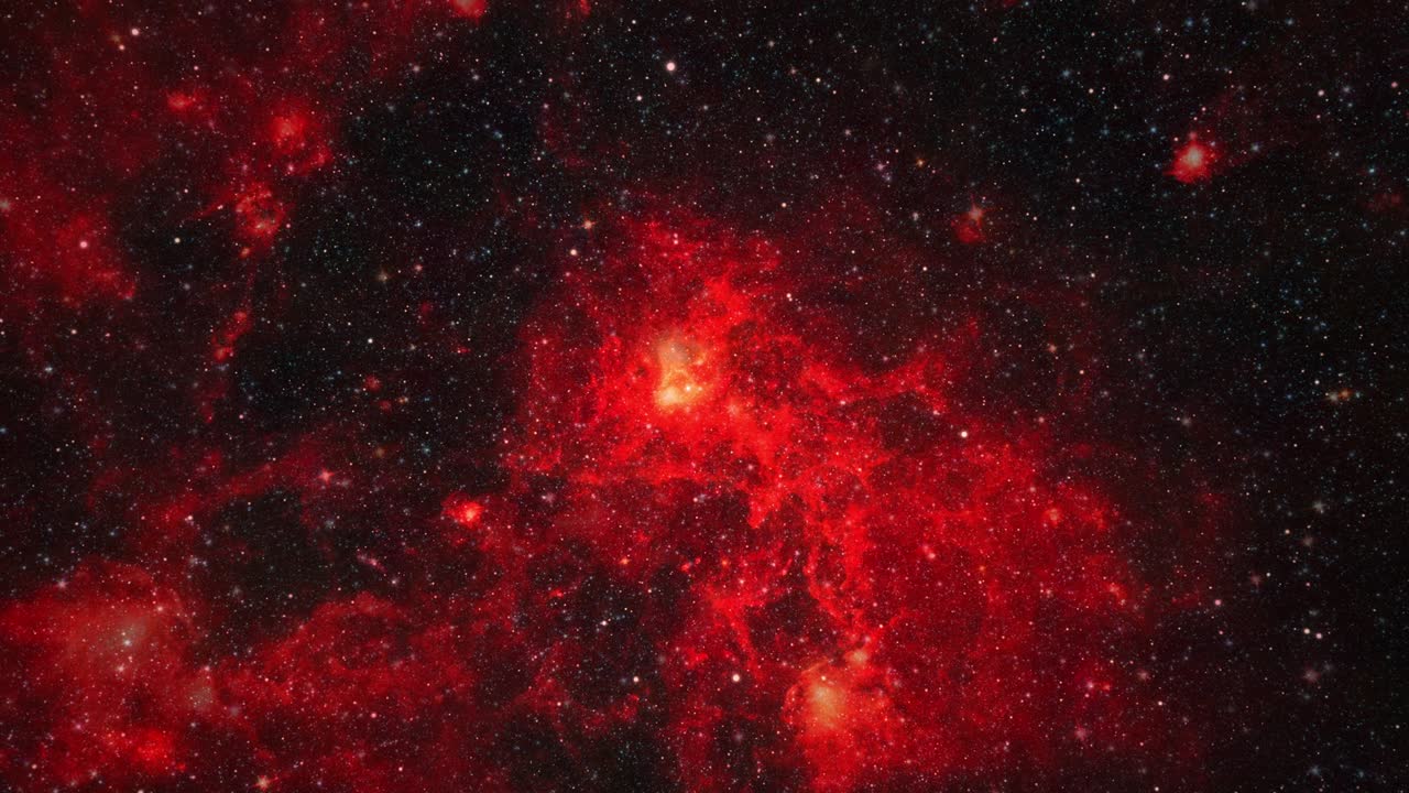 Abstract loop space flight fly to mysterious glow red nebula in space. Space exploration to glow nebula galaxy. 4K 3D illustration seamless loop Sci-Fi space travel fly to the alien nebula.