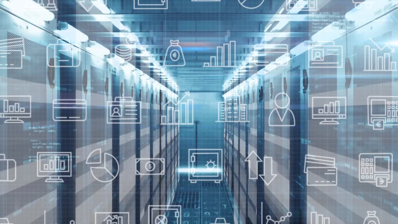 Animation of business icons over server room