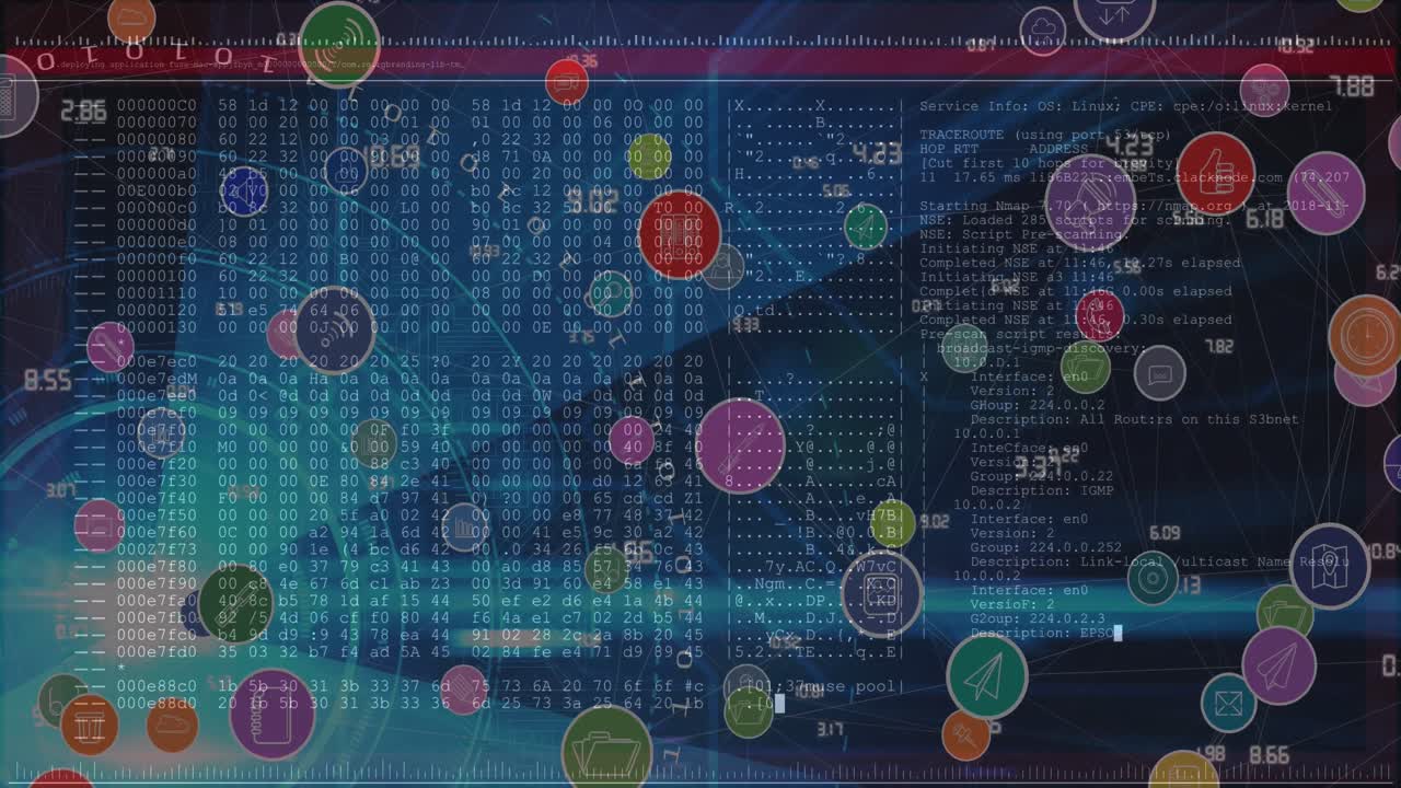 animación de la red de conexiones con iconos sobre el procesamiento de datos