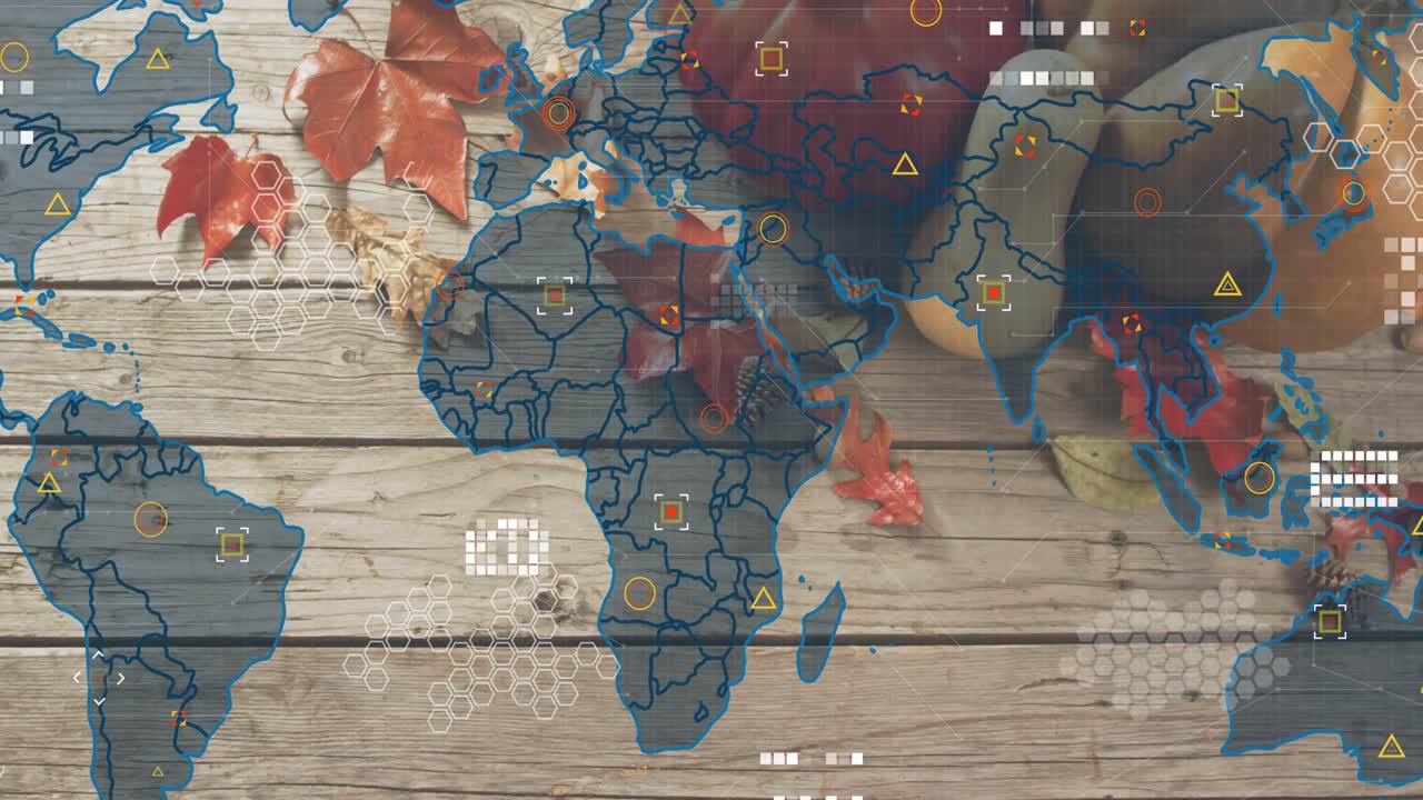 Contorno blu che sfuma, sovrapposizione di mappa che si espande, icone che pulsano e collegano dati mostrando una rete globale.