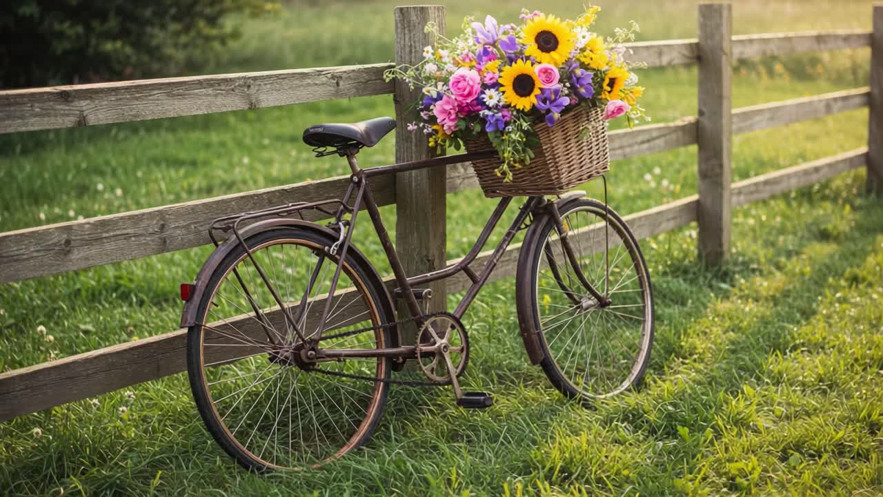 En charmerende vintagecykel, pyntet med farverige blomster, hviler mod et rustikt træhegn i et fredfyldt udendørs landskab, der fanger essensen af ro og natur.