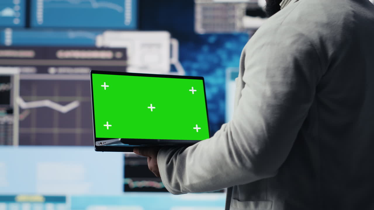 Black executive manager studying copy space screen with data insight