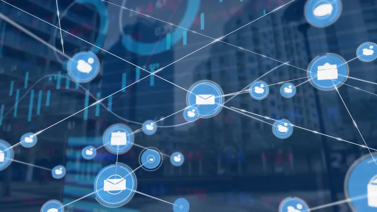 Animation of network of connections with icons and data processing over cityscape