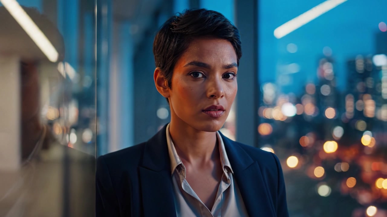 A confident businesswoman stands thoughtfully in an urban office setting, illuminated by city lights, showcasing determination and resolve in her expression.