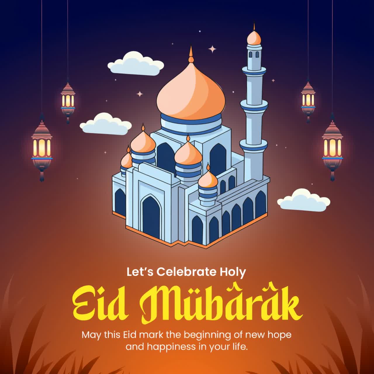 Animazione Eid Mubarak con moschea, minareto e lanterne su sfondo blu e arancione