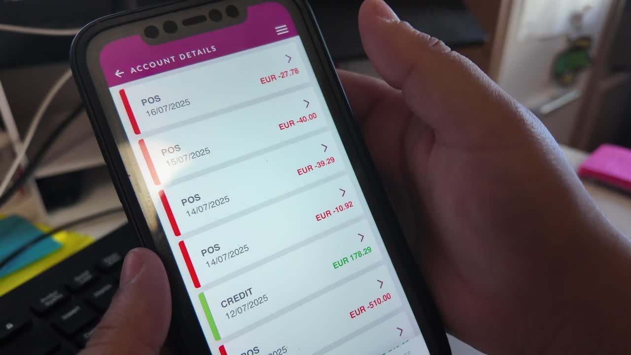 Mobile banking. Person scrolling through the transactions. Close up on the phone