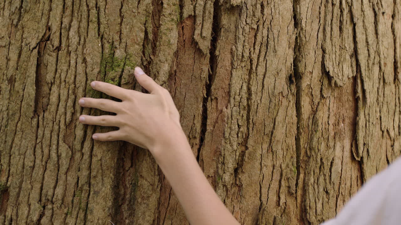 자연 여자 손 나무 만지 나무  ⁇ 질을 만지 숲에서 자연 질감을 느 ⁇  환경 보존 개념