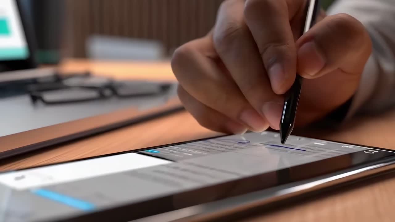 Video in primo piano di una mano che usa uno stilo su un tablet, con un laptop sullo sfondo.