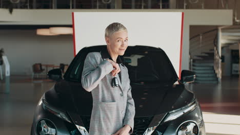 mujer de negocios en una sala de exposición de automóviles