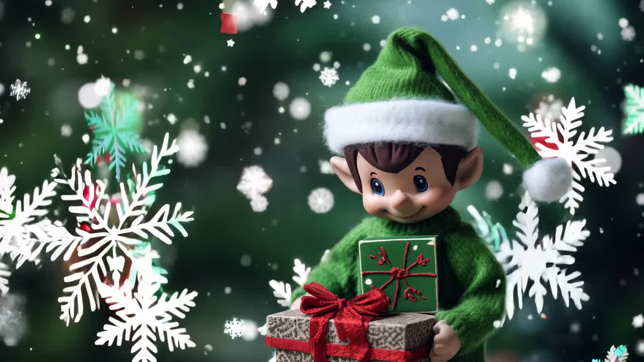 Christmas elf wearing a green costume and hat holding a wrapped gift with a red ribbon while snowflakes are falling on a blurred Christmas tree background with bokeh lights