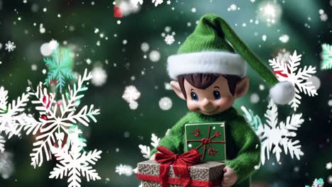 christmas elf wearing a green costume and hat holding a wrapped gift with a red ribbon while snowflakes are falling on a blurred christmas tree background with bokeh lights
