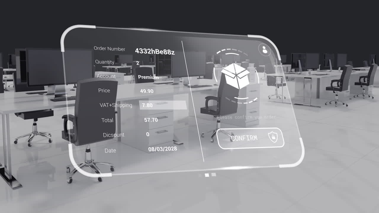 책상과 컴퓨터가 있는 사무실 인테리어에 대한 데이터 처리와 디지털 인터페이스의 애니메이션