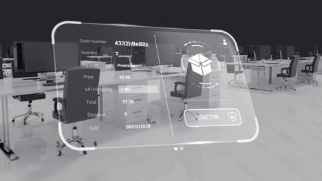 animation of digital interface with data processing over office interior with desks and computers