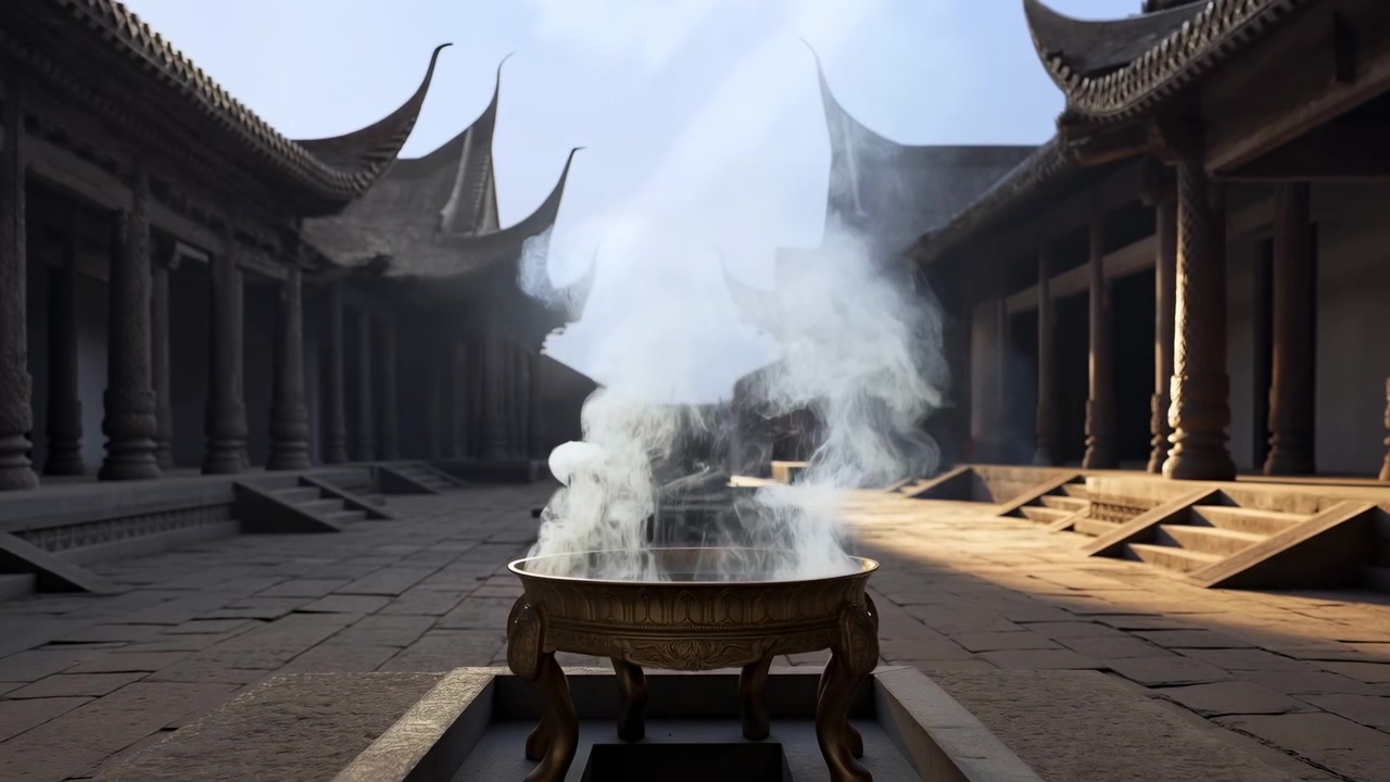古老寺廟庭院，香爐上香煙裊裊，陽光穿透雕花屋簷，空曠無人
