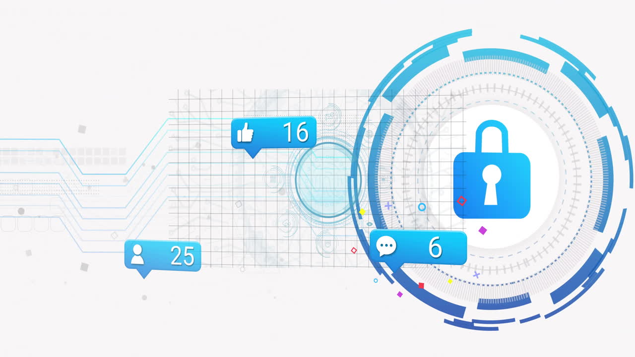 Blue padlock icon rotating inside circular interface, featuring grid lines and notification bubbles