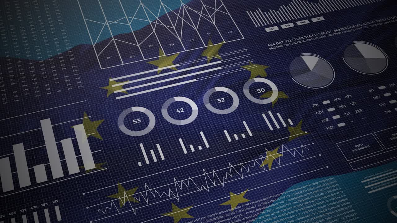 Europe Union. European statistics, infographics, financial market data, analysis and reports on EU waving flag 4K.