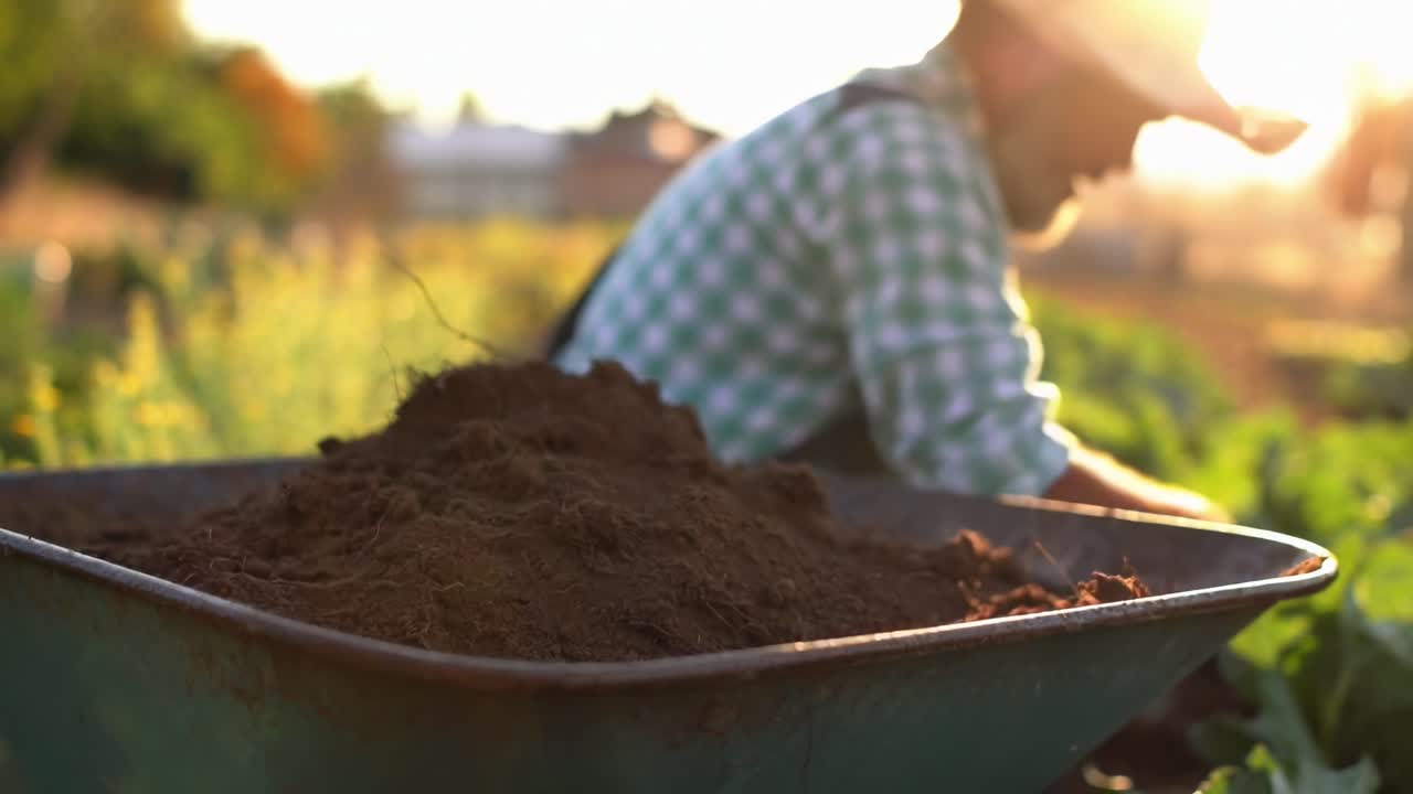 Video in stile rustico di un agricoltore in un campo ripreso dal basso, con la luce del sole che crea una calda atmosfera